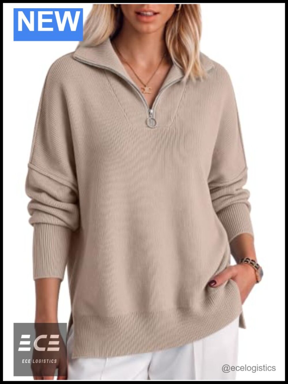 Oversized Quarter Zip Pullover Sweater Viscose Ribbed Knit Casual